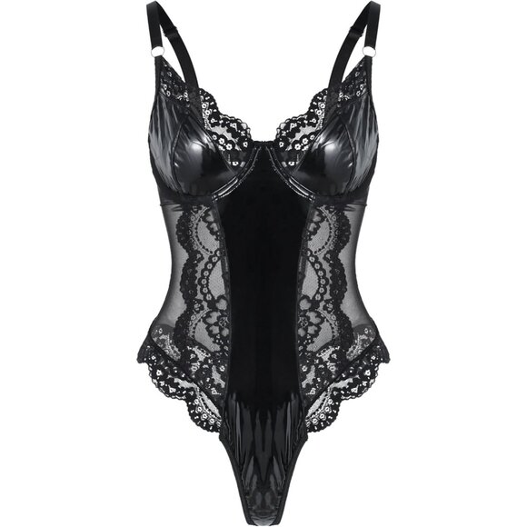 Sexy Black Lace Corset Teddy Lingerie Women Push Up Leather Sheer Bodysuit Top - Picture 4 of 6